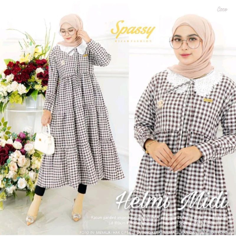 Helmi midi dress bahan katun motif kotak