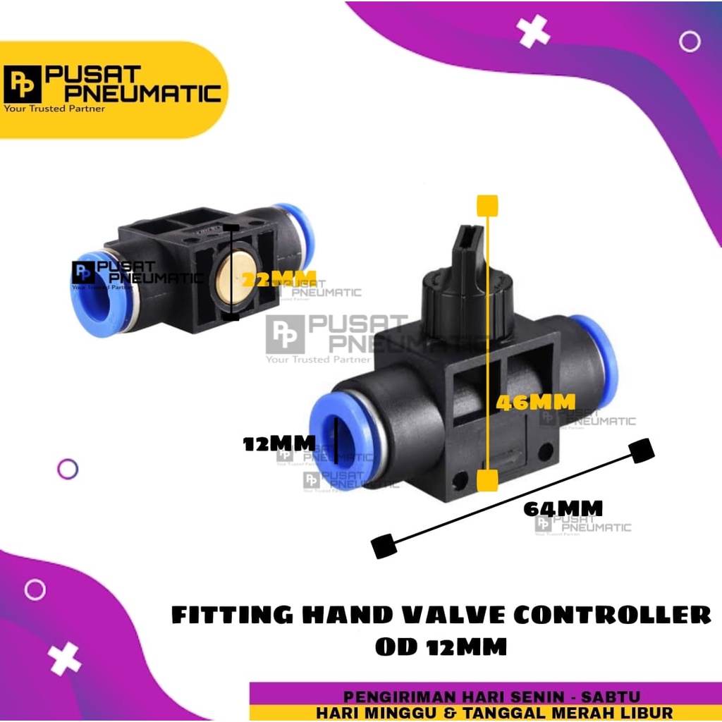 MHVFF 12 Fitting Hand Valve / Kran Valve Pneumatic Selang 12mm HVFF 12