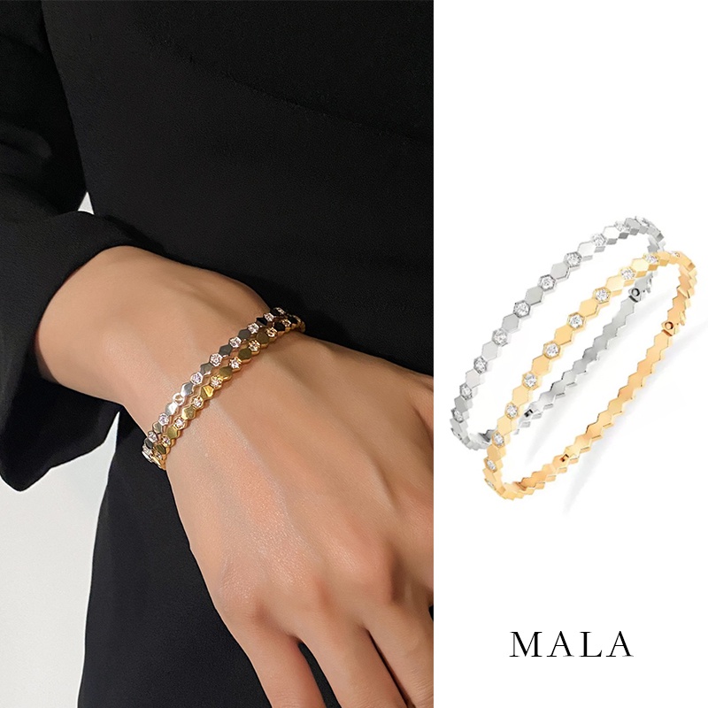 Gelang Lapis Emas 18k Bahan Titanium Steel Bentuk Sarang Lebah Heksagonal Aksen Zircon Gaya Korea Untuk Wanita