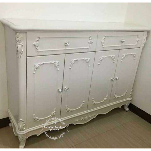 Bufet Lemari Sekat Hias Kayu Jati, Meja Tv Lemari Penyekat Model Simpel Warna Putih Duco