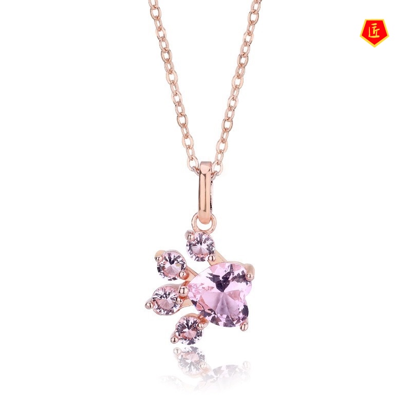 [Ready Stock]European and American Fashion Popular Necklace Footprints Pink Zircon Pendant