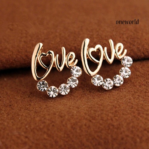 OW@ Fashion Women Elegant Shiny Rhinestone Love Letter Ear Stud Earrings Jewelry