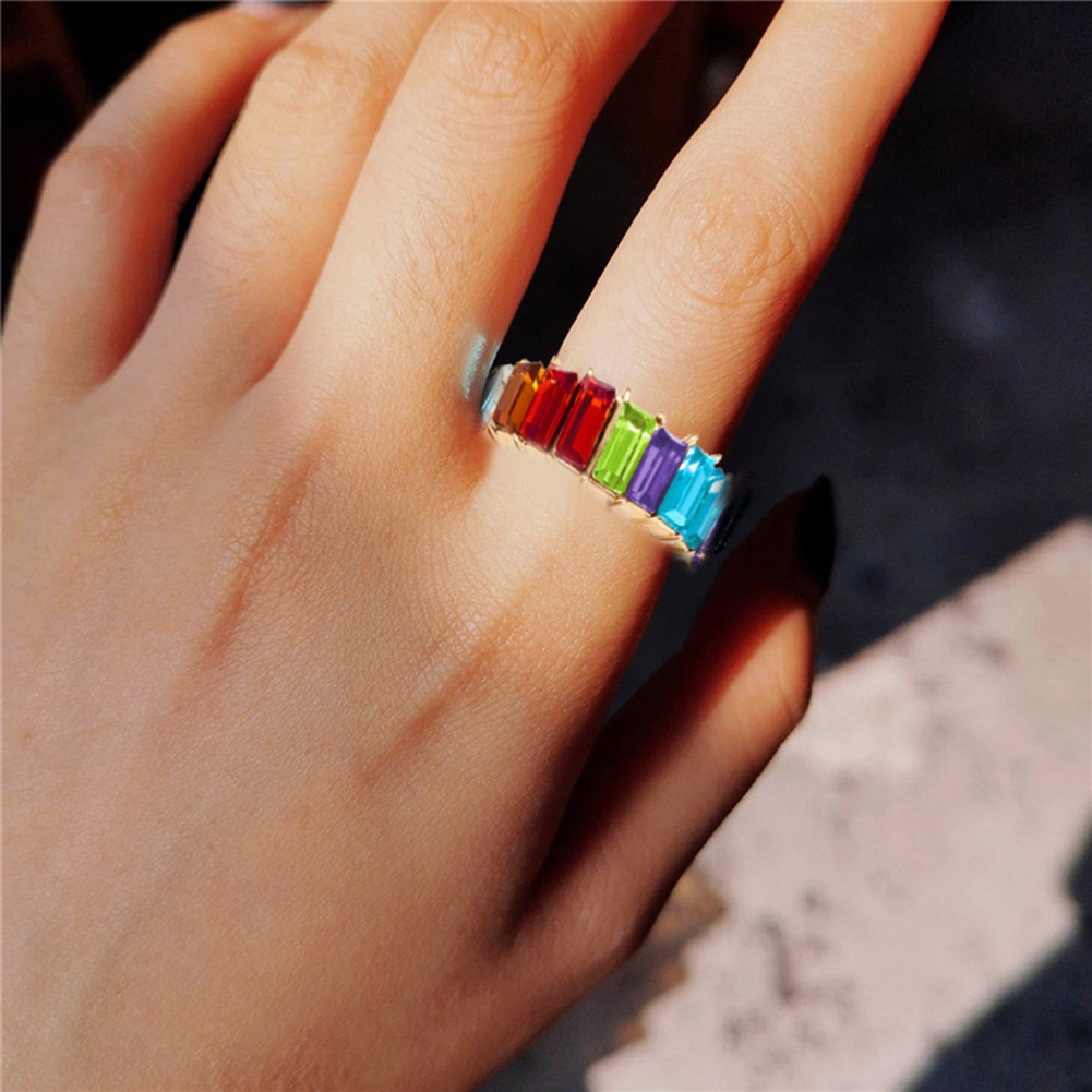 Hu Hu Hu Hu Hu Alat Bantu Pasang Kacamata♡ Cincin Berlian Imitasi Bentuk Persegi Panjang Warna Pelangi Untuk Wanita