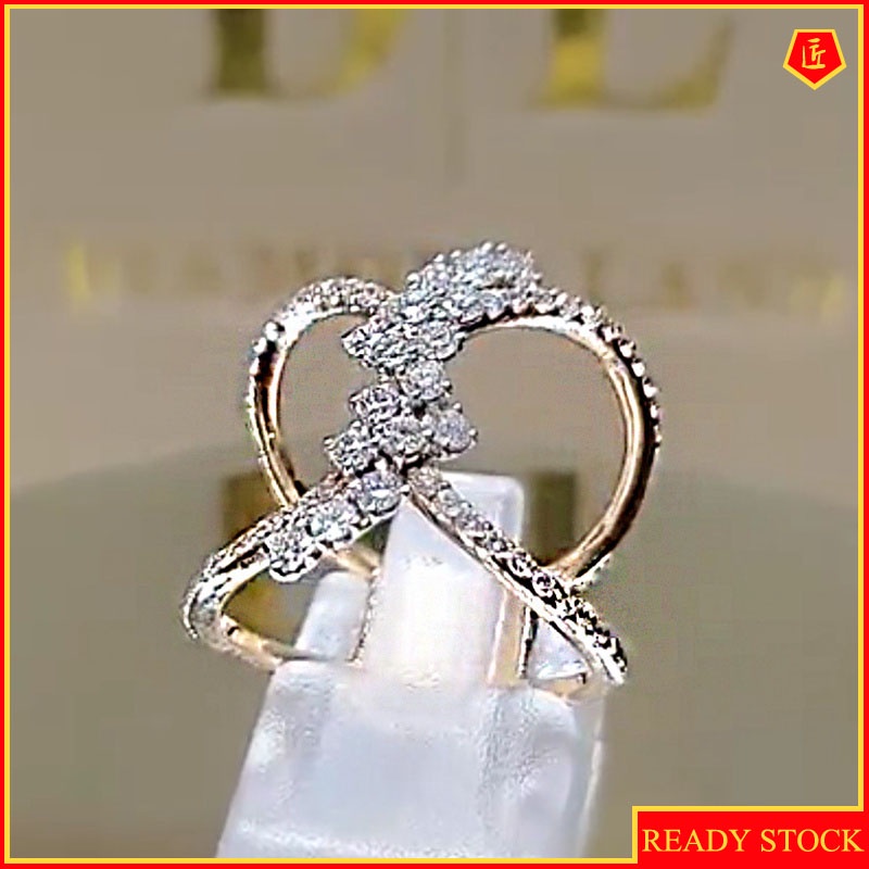 [Ready Stock]Creative 18K Rose Gold Micro-Inlaid Double Cross Diamond Ring