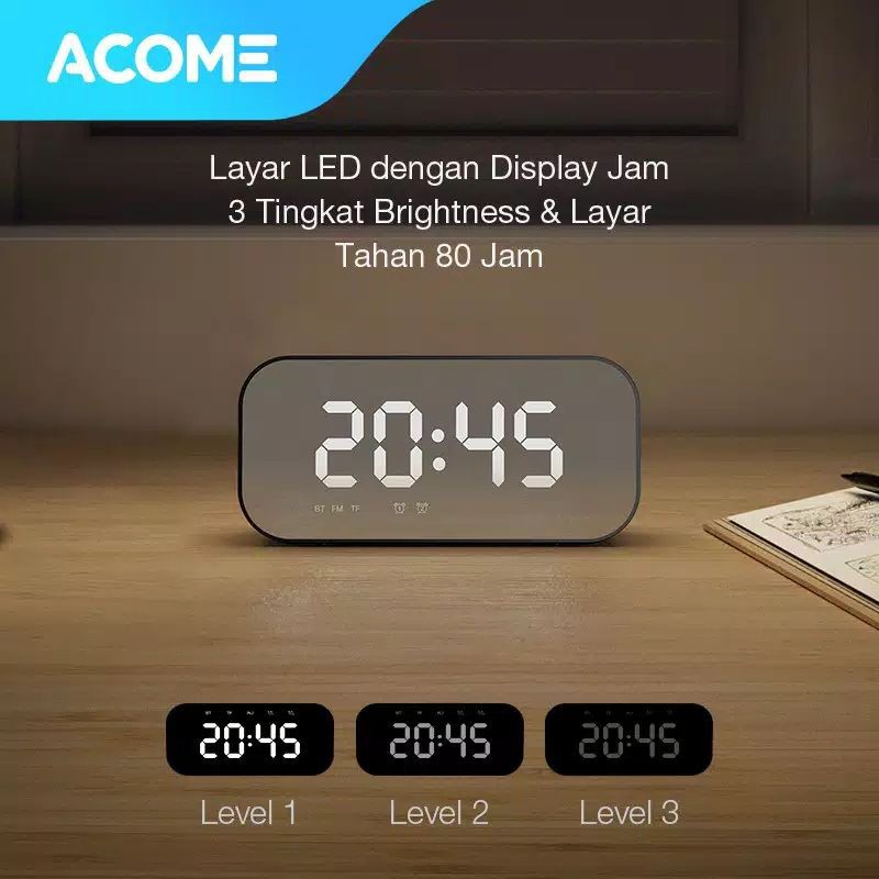 Acome A5 Speaker Bluetooth 5.0 Alarm LED Display Ultra Bass, Garansi Resmi