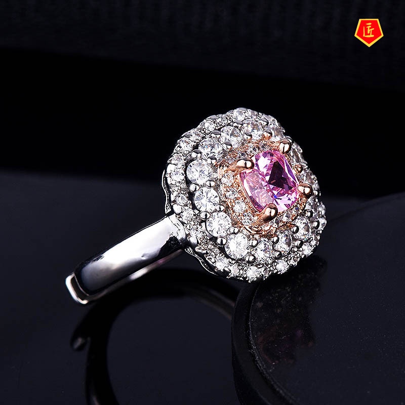 [Ready Stock]New Full Diamond Inlaid Pink Crystal Two-Tone Ring Luxury