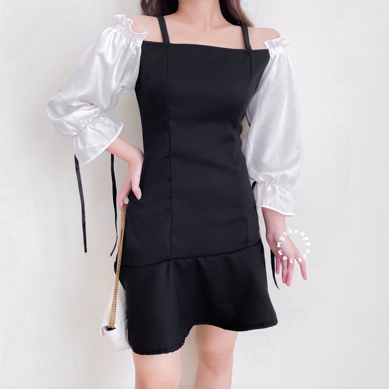 CHINTIA DRESS - rok korean hitam putih ruffle sabrina dress puffy sleeves