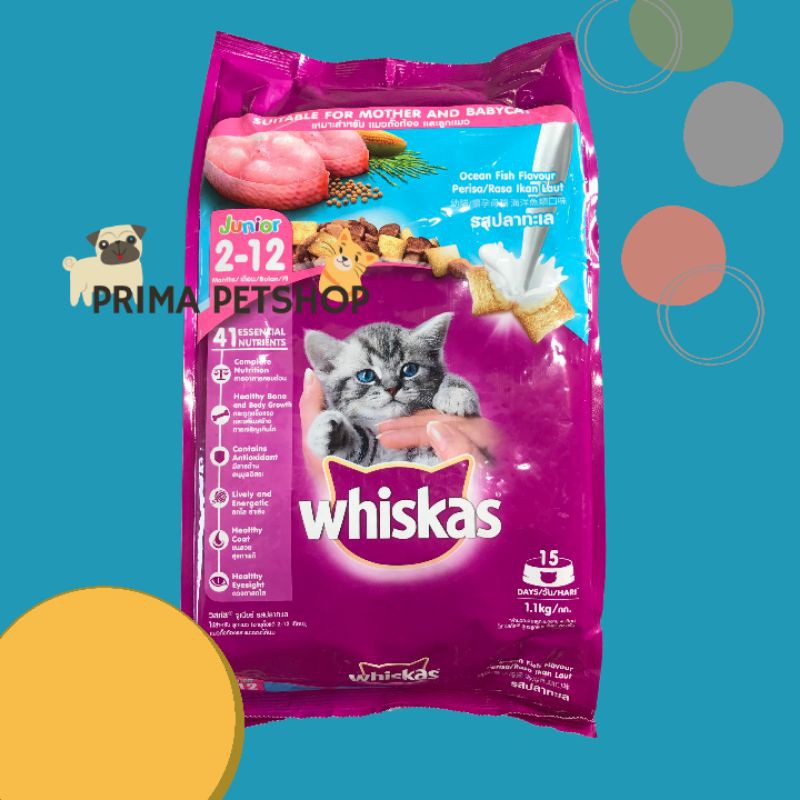 WHISKAS JUNIOR DRY /  KERING 2-12 BULAN 1,1kg dan Whiskas 1+ Adult makanan kucing dewasa 1,2 kg