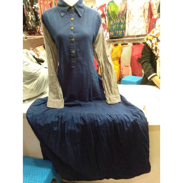 Gamis jeans rumbai mix katun salur