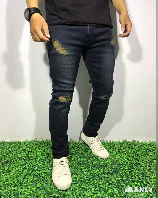 Promo Jeans - Celana Pria Sobek Lutut Panjang Bawahan Skinny Cowok Ngaret Stretch Ripped Levis Murah