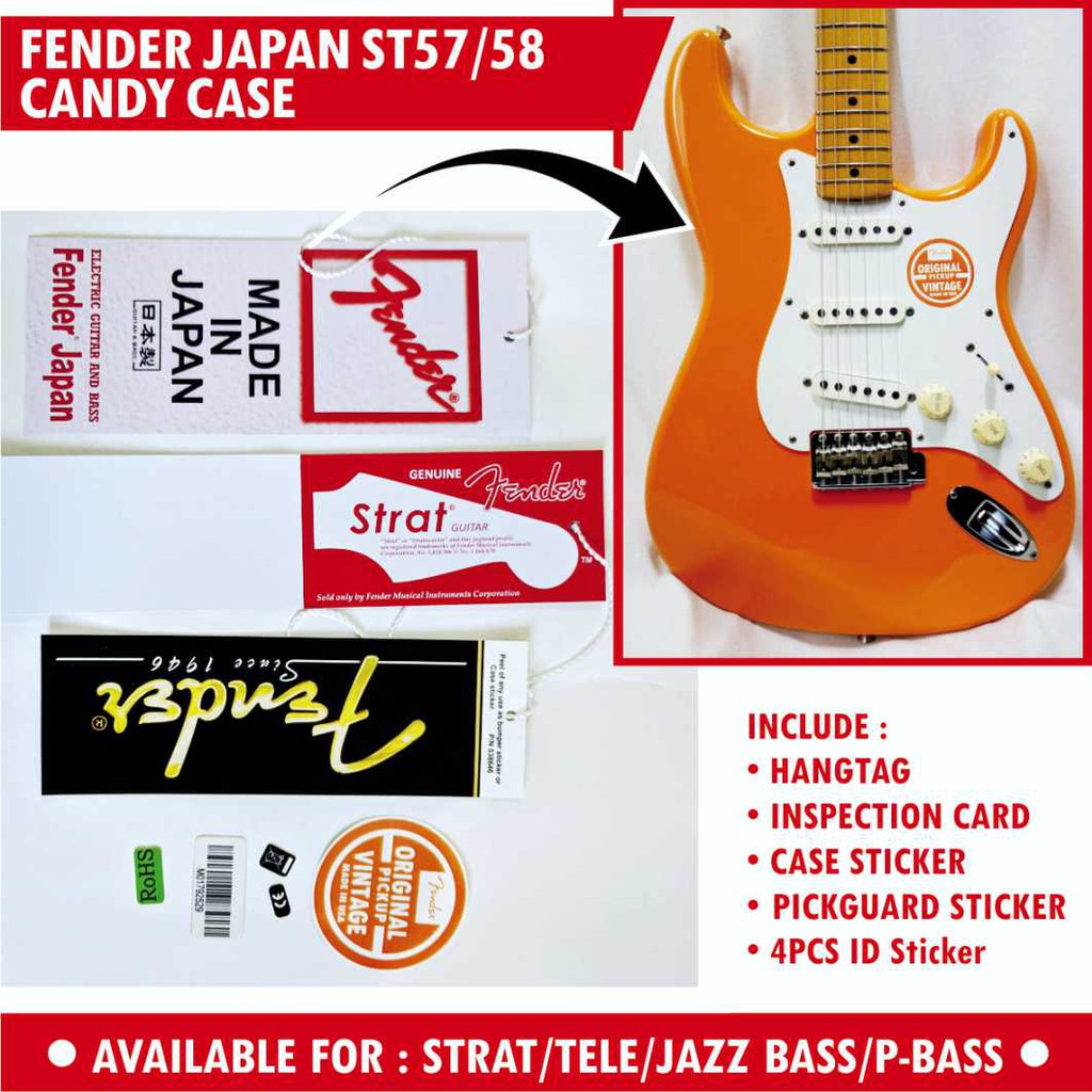 Fender Japan ST 57 58 62 Series Guitar and Bass Candy Case Hangtag Set Plus Sticker Set