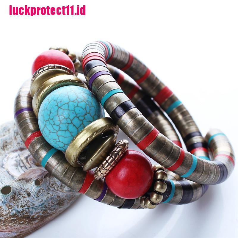 【LUCK】Women Silver Color Faux Turquoise Boho Adjust Bangles Charm Chic Beads Bracelets