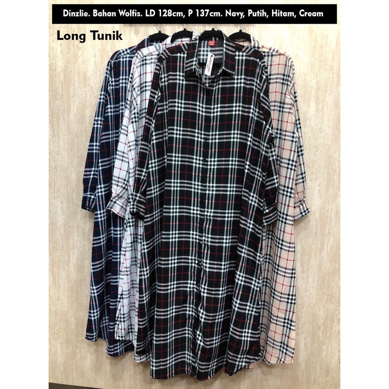 DINZLIE KEMEJA PANJANG LONGDRESS LONG DRESS GAMIS TUNIK TUNIC BAHAN WOLFIS MOTIF KOTAK BURBERRY JUMB