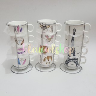 Gelas keramik cup susun tingkat 4 gelas kopi teh coffee Gelas keramik cup susun tingkat 4 gelas kopi teh coffee