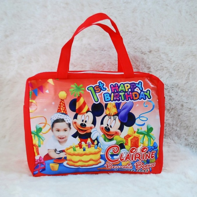 Custom souvenir Tas Ultah Resleting  dengan foto anak Free desain