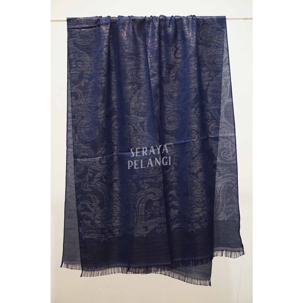Pashmina Sutra Metalik | Motif Keong/Kembang/Bunga | Selendang | Scarf | Syal | Shawl | Pasmina | Souvenir | Hadiah Ulang Tahun | Birthday Gift | Aksesoris Fashion Wanita | Luxury Scarf | Premium Import Quality | Grosir Murah-6. Navy blue