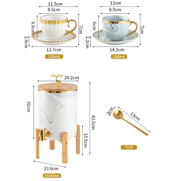 Cangkir Teko Set isi 6 / Cangkir set + teko marble abu paket cangkir teh keramik dengan hanger