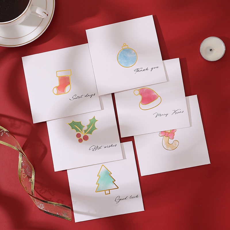6pcs Kartu Ucapan Natal Dengan Amplop Mini Cat Air