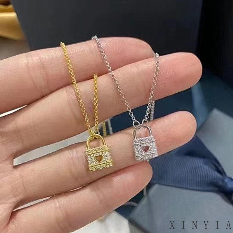 Xia.id Kalung Rantai Wanita Liontin Gembok Hati Hollow Hias Berlian Untuk Hadiah Valentine