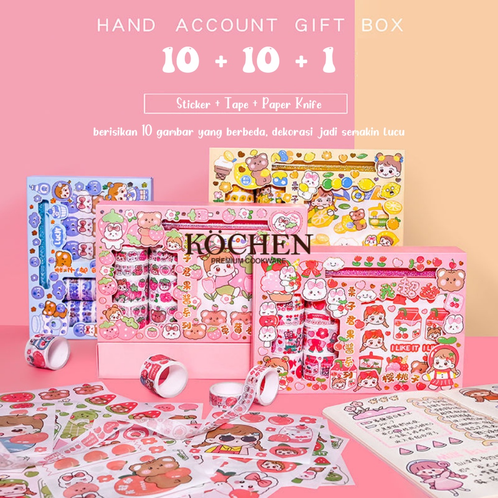 MYKOCHEN.INA Sticker Aesthetic Box SET 10+10+1 Washi Tape Knife Paper Cutting DIY Diary Stiker Decoration Kawaii Cute Estetik Tumblr Lucu Hiasan Buku Catatan Journaling Kertas Scrapbooking Planner Dekoratif Pack Hp Laptop Kartun Stationery Jurnal