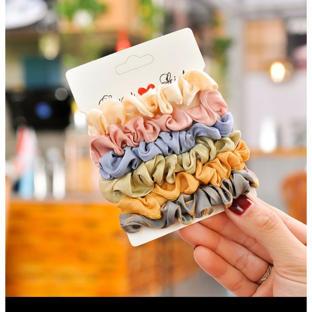 (IR-08) ISI 6 PCS Ikat Rambut Scrunchie Korea Set SHINING RAINBOW