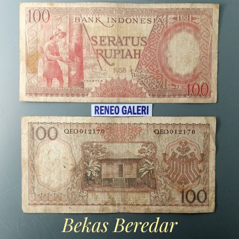 Asli VF 100 Rupiah Tahun 1958 Rp seri pekerja tangan uang kuno kertas duit jadul lama Indonesia Original