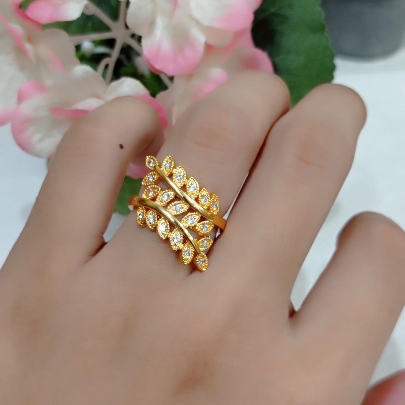 cincin wanita motif daun perhiasan wanita gold