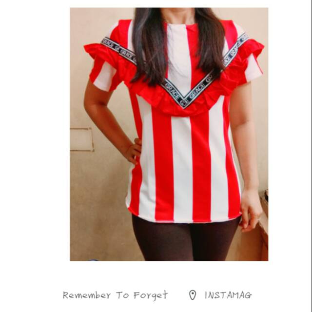 Blus atasan wafel salur merah garis natal imlek melar