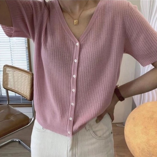 【Elegant】Plain Ribbed Button  V-Neck knittingTops T-Shirt Cardigan 7425