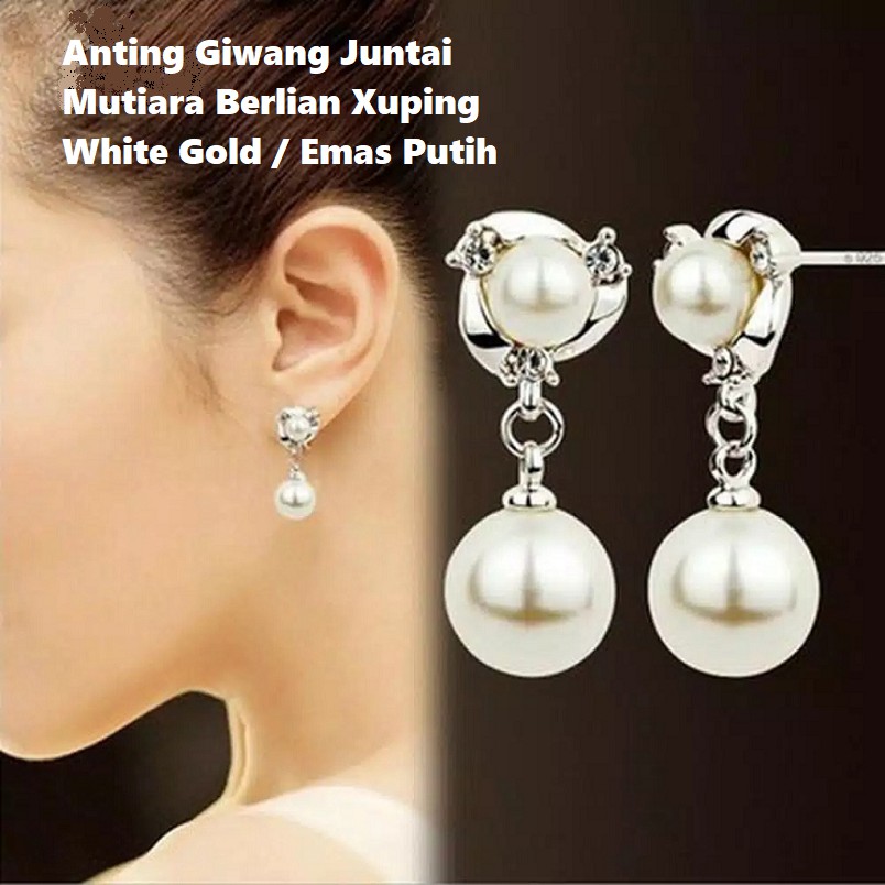ANTING GIWANG JUNTAI MUTIARA BERLIAN XUPING LAPIS EMAS PUTIH (WHITE GOLD) IMPORT