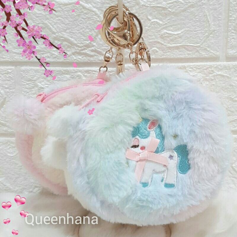 Tempat Coin Bulu Unicorn Gantungan Kunci Dompet Coin Lucu Motif Unicorn