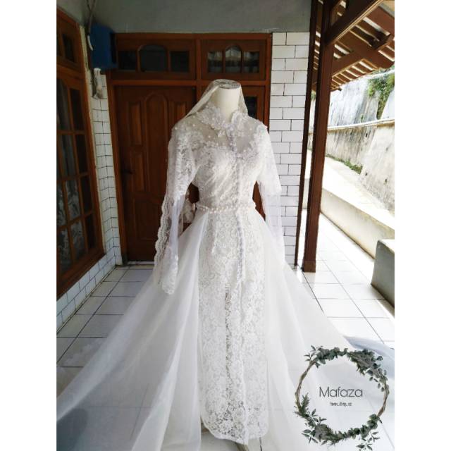 Kebaya gaun pengantin akad modern ekor organza pink