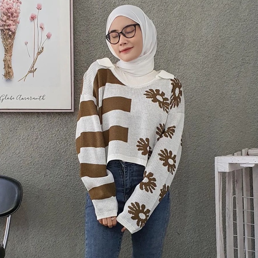 Sweater Rajut Crop Wanita Mouza Flowly Knite Premium Korean Style