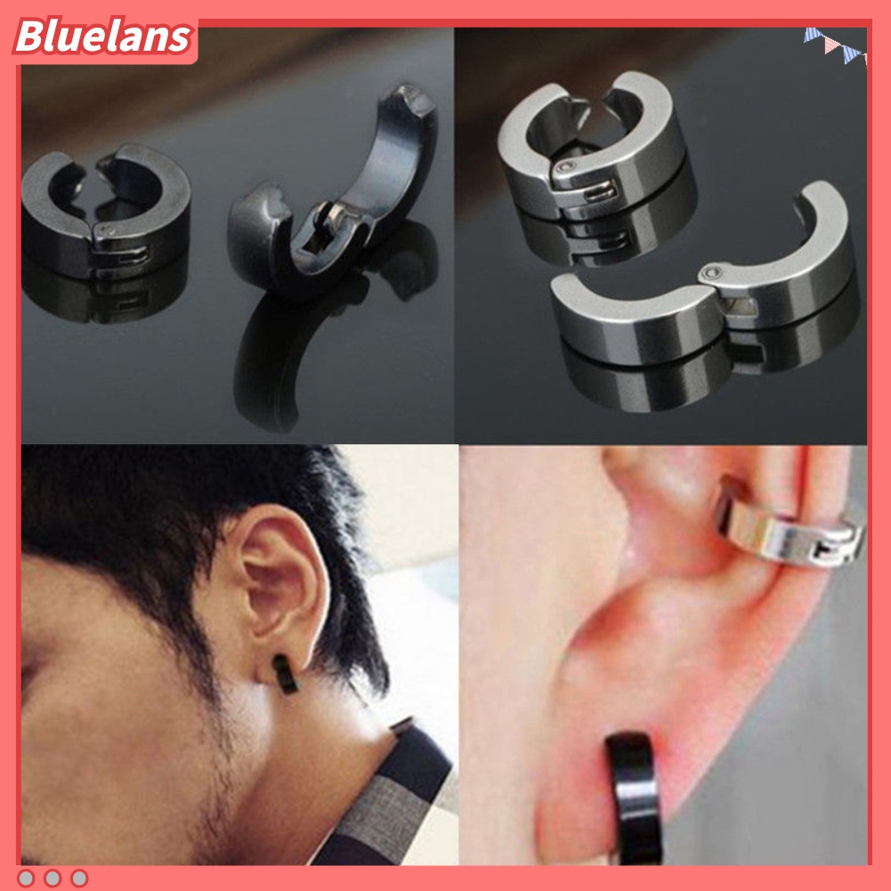2pcs Anting Klip On Tanpa Tindik Bahan Stainless Steel Gaya Punk Untuk Unisex