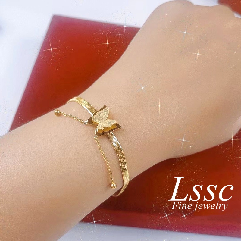 Gelang Titanium Kupu Cantik Rantai Belut Emas 18K Anti Karat Perhiasan Aksesoris Wanita