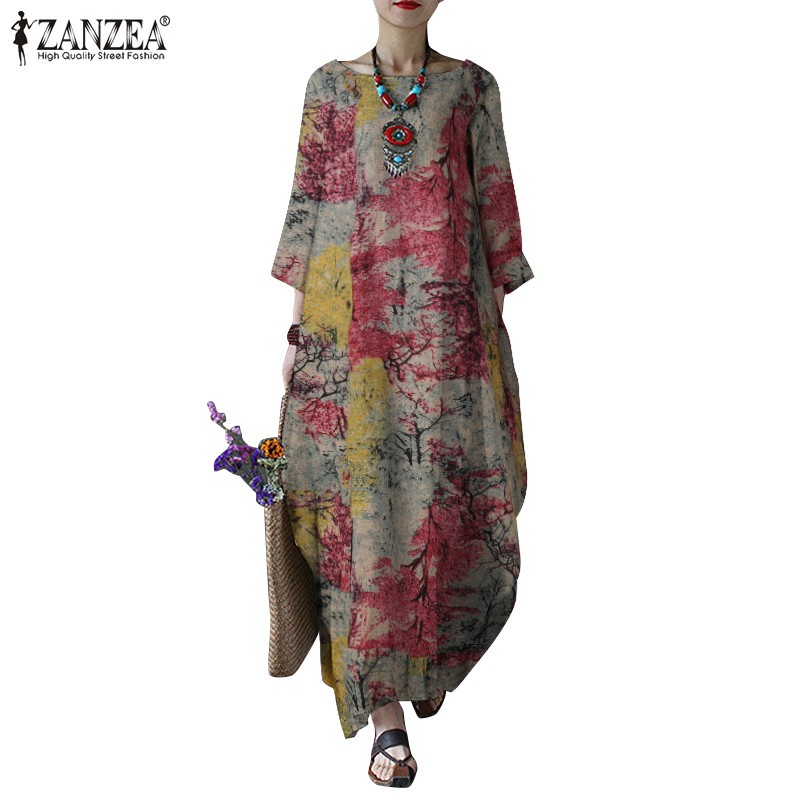 ZANZEA Women Casual Ptinted 3/4 Sleeve Side Pockets Maxi Dress