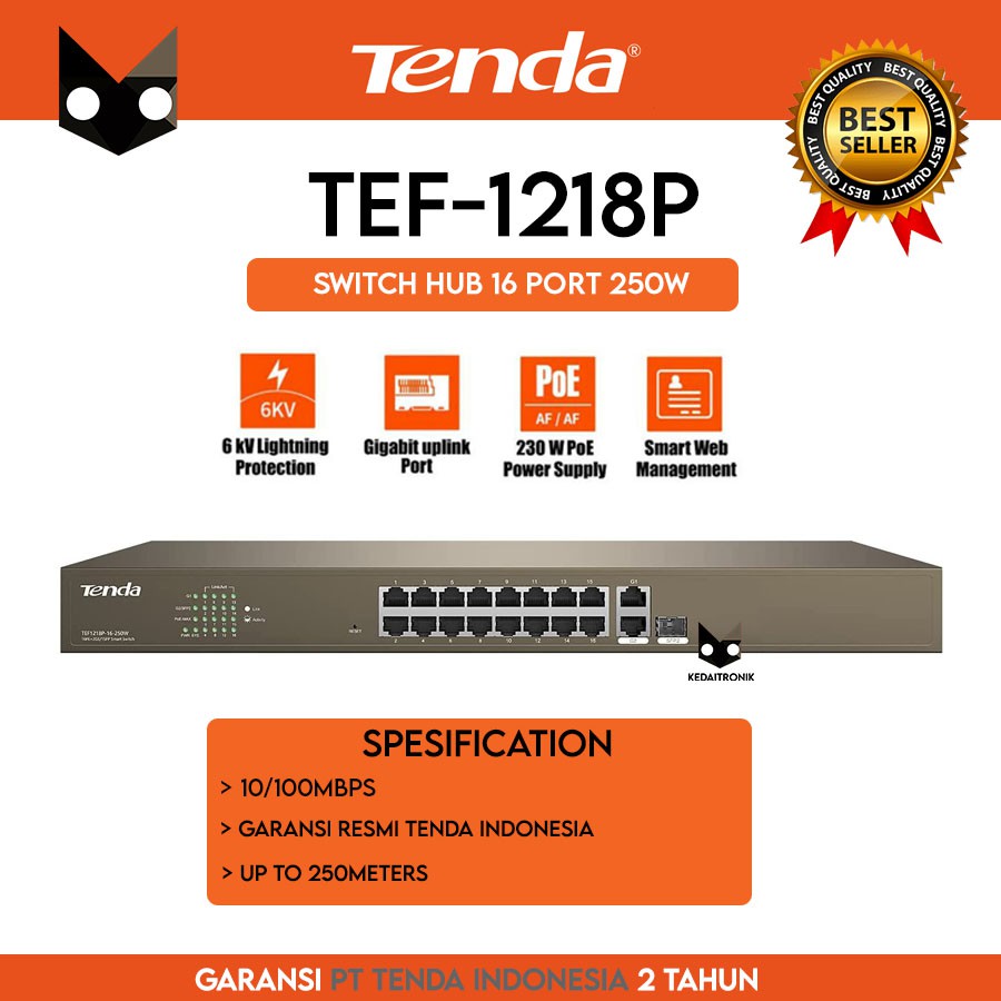 Tenda TEF1218P Switch HUB 16Port 16-250W LAN Gigabit Fast Ethernet PoE