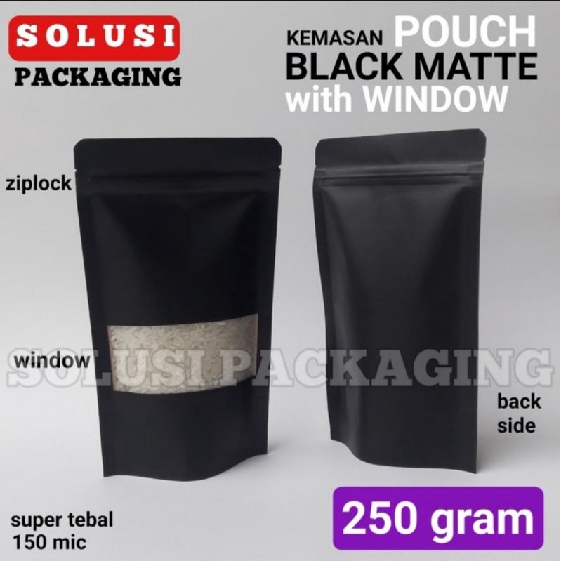 100 pcs STANDING POUCH HITAM WINDOW 250 gram PLASTIK KEMASAN KOPI SNACK