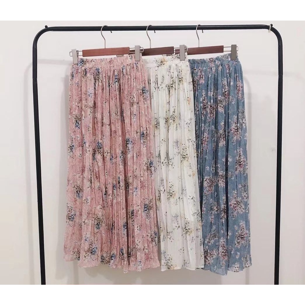 Rok Panjang Plisket Prisket Pastel/ Rok Import / Maxi Skirt Motif Vintage