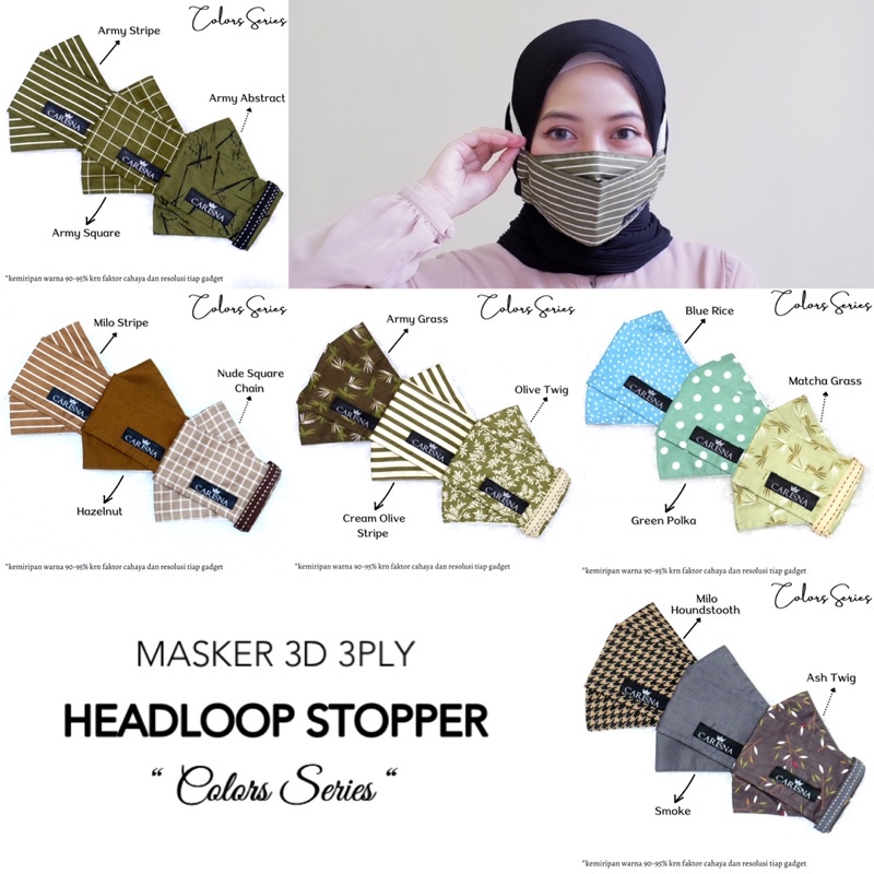 MASKER KAIN 3D 3PLY HEADLOOP STOPPER ORIGAMI NON MEDIS HIJAB “Colors Series”