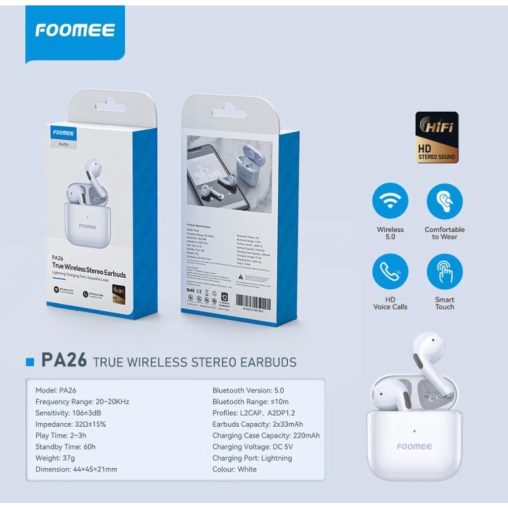 FOOMEE PA26 TWS Bluetooth headset / FOOMEE PA26 TRUE WIRELESS STEREO EARBUDS Dijamin Original100%