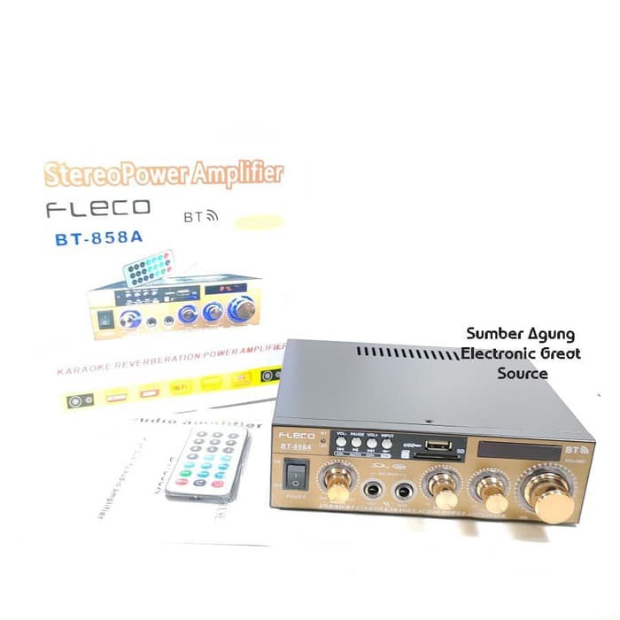 Fleco BT858A 858 Stereo Power Amplifier Colokan Mic 2 Dua Bluetooth AC