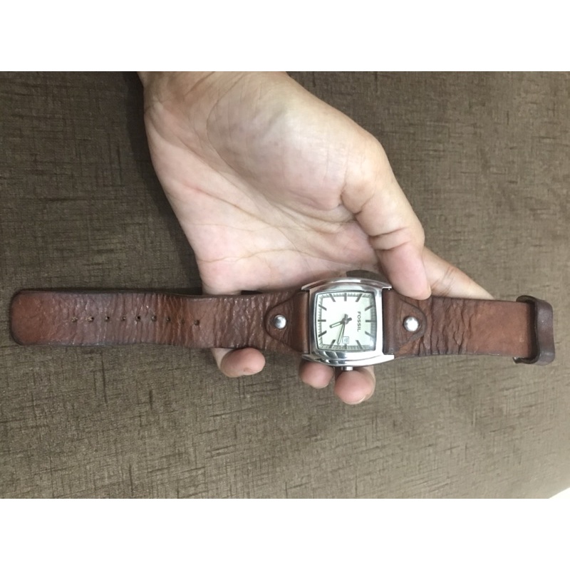jam tangan wanita fossil gaban cokat besar vintage jadul kulit leather preoved second