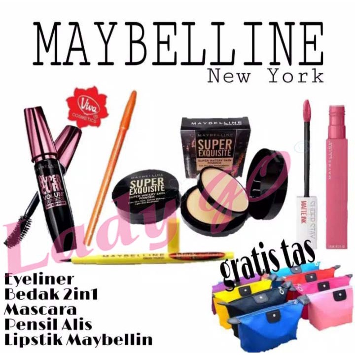 [ PAKET HEMAT ] SKINCARE DAN MAKEUP / Paket Cream Sabun Toner Serum Lotion Collagen + Bedak Maybelline Super Exquisite + Maskara Hitam + Lipcream Barcode+ Eyeliner 24h + Pinsil AlisViva FREE TAS POUCH