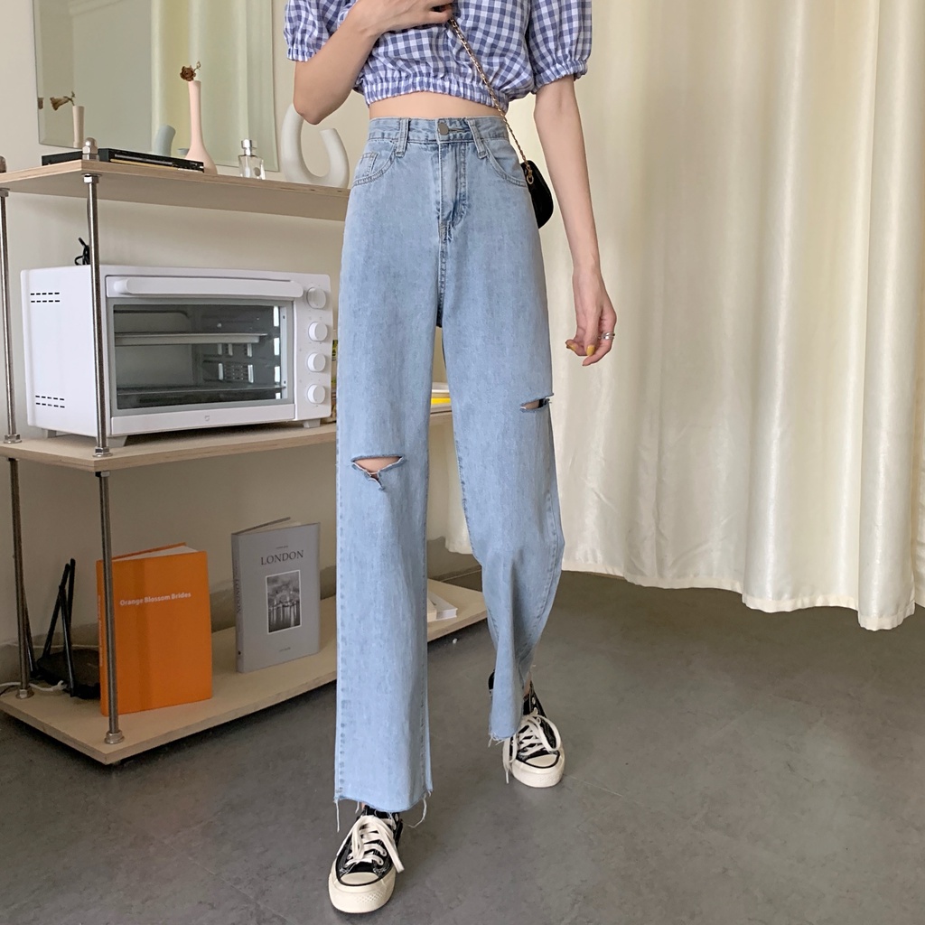 korean style new straight fit vintage kekinian boyfriend celana robek jeans panjang wanita