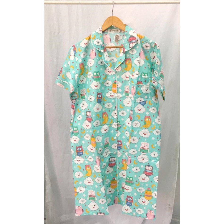 Baby Doll Baju Tidur Wanita Piyama Terusan Motif Lucu Awan dan Owl Tosca