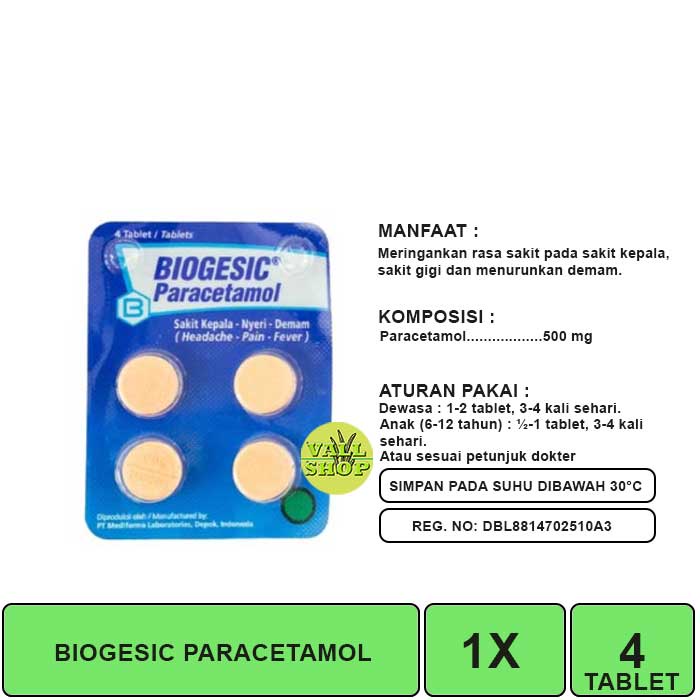 Biogesic 500mg 4 Tablet / Demam / Sakit Kepala / Nyeri / Sakit Gigi.