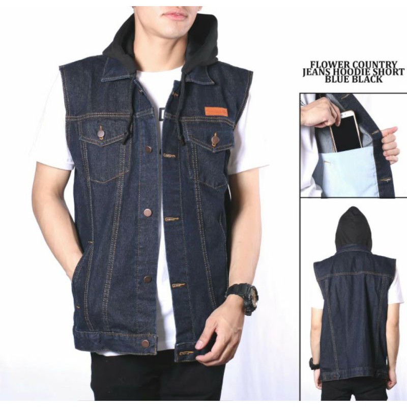 Jaket Jeans Rompi Hoodie Tangan Pendek - Jeans Hoodie Short