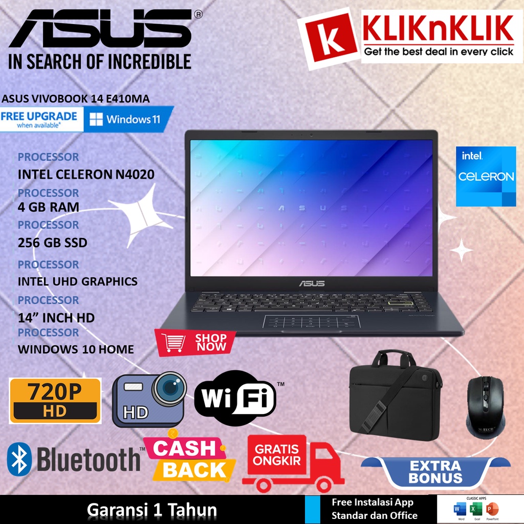 Laptop Asus Vivobook E410MA Intel Celeron N4020 4GB 256GB SSD 14HD Windows 10