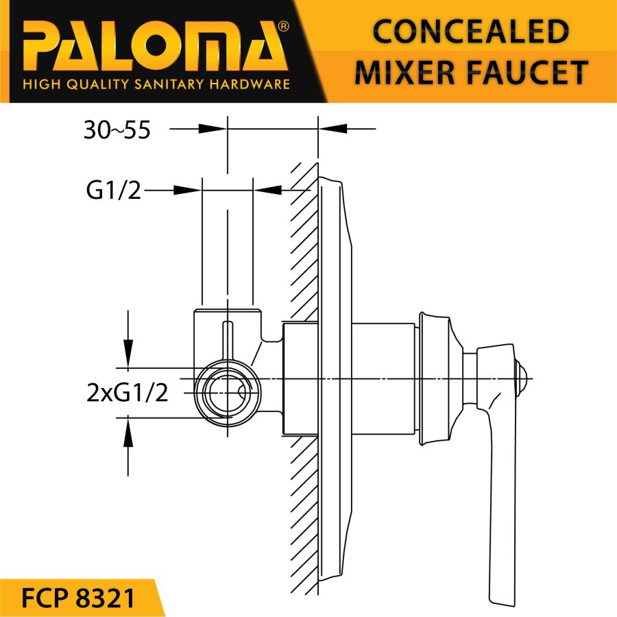 PALOMA FCP 8321 Keran Mixer 3 Lubang Tanam Dinding Tembok Kran Air